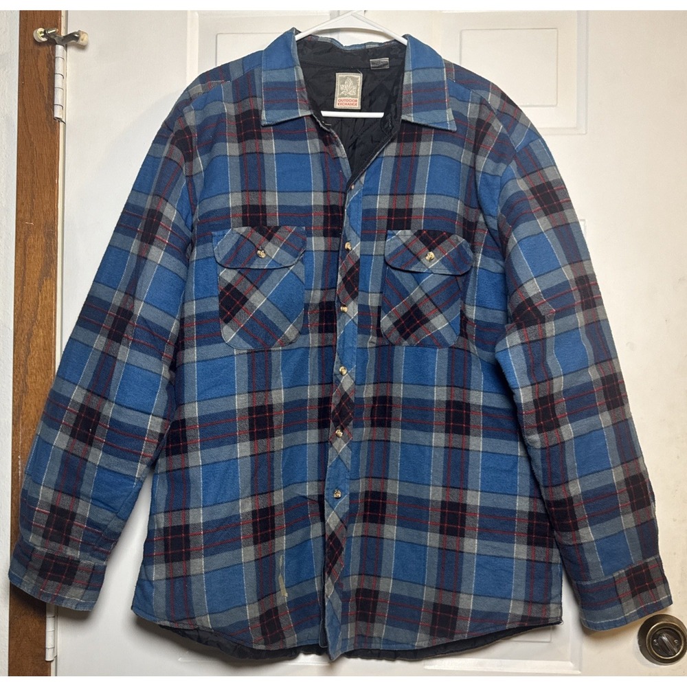 Vtg Outdoor Exchange Blue Plaid Flannel Jacket XL Insulated Outdoor Work Shirt‎